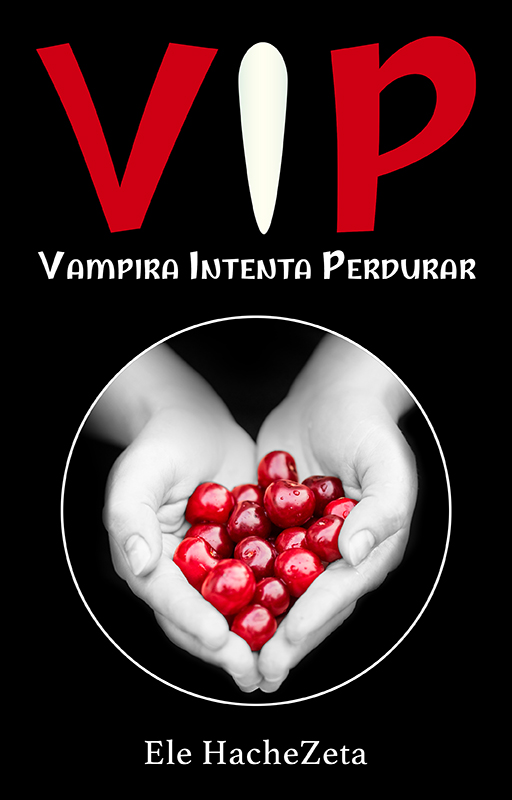 Primera versión de la portada. Fondo negro y unas manos en blanco y negro sujetando unas cerezas rojas. Arriba el título y abajo mi nombre.